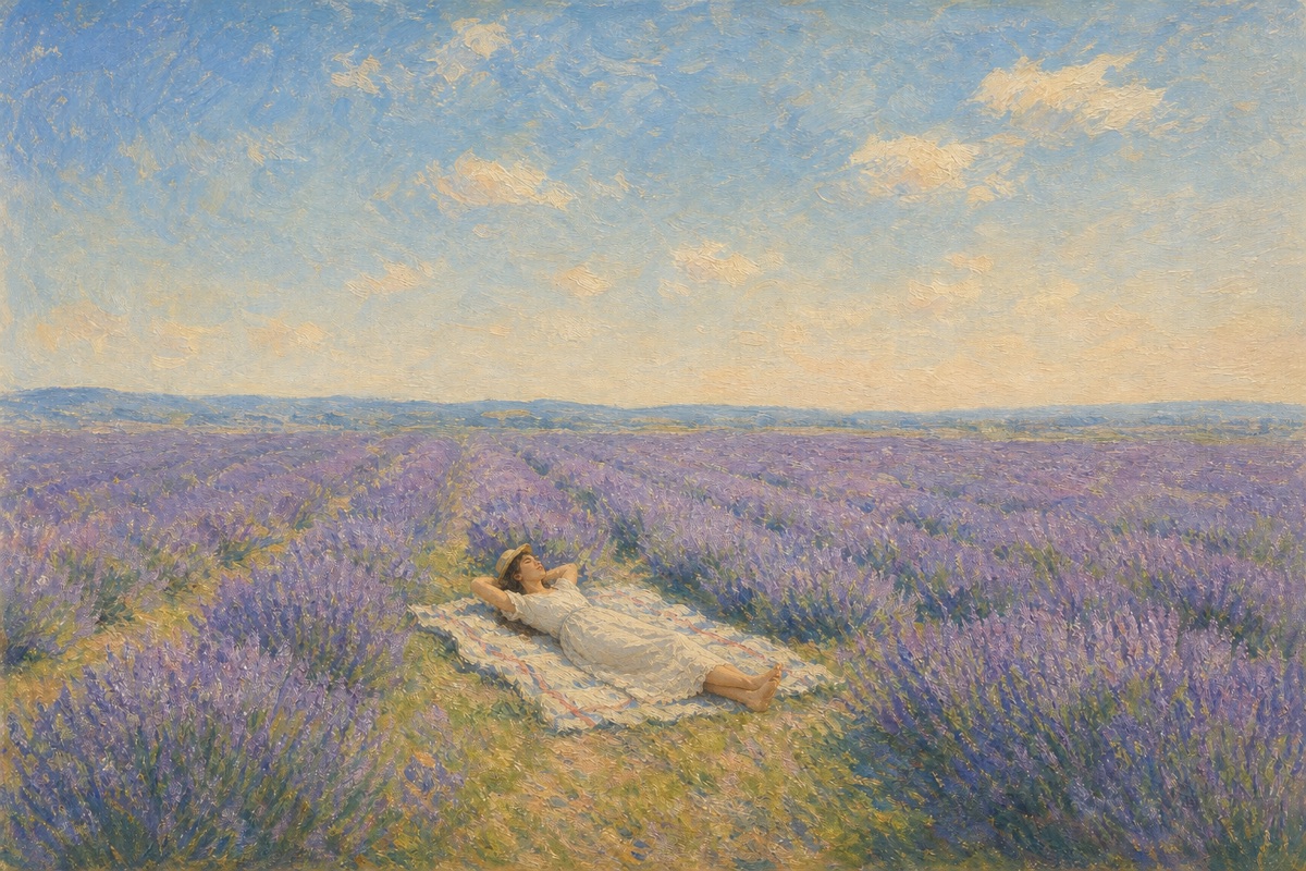 Impressionist painting of a woman lying on a blanket in a lavender field under a wide summer sky
